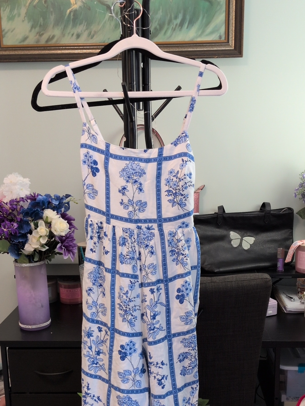 Japna Blue & White Floral Square-Print Jumpsuit